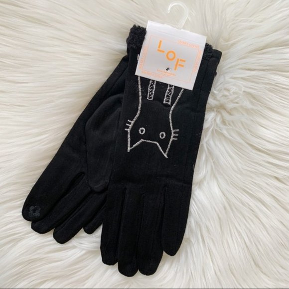 Black Smart Touch Gloves Cat Embroidered - Picture 3 of 4